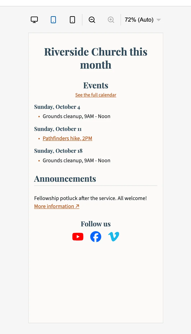 A web page shown on a phone, with the Desktop, Phone and Phone sideways buttons above it.