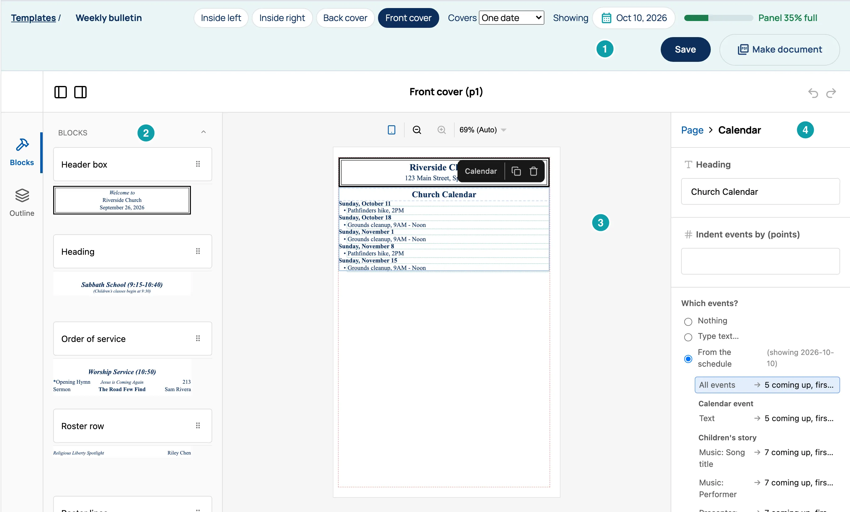 The template editor, with four numbered parts: 1 the bar along the top, 2 Blocks on the left, 3 the page in the middle, and 4 the selected block’s settings on the right.
