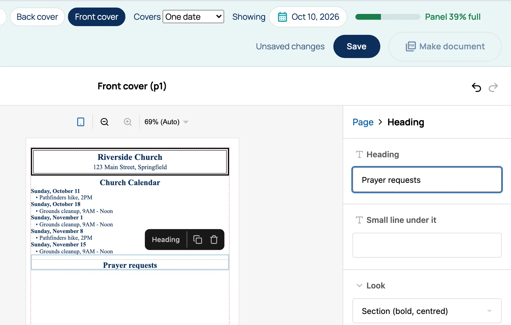A new Heading block on the front cover. On the right, its settings: Heading, with “Prayer requests” typed in, Small line under it, and Look.